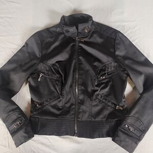 Forever 21 Black Moto Jacket Women’s Large Leopard Lined Zip Front